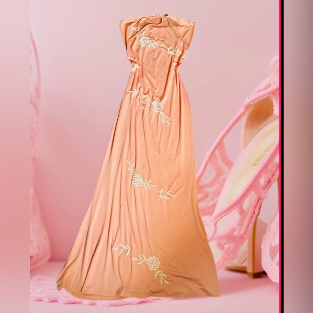 Strapless Peach Embroidered Maxi Dress